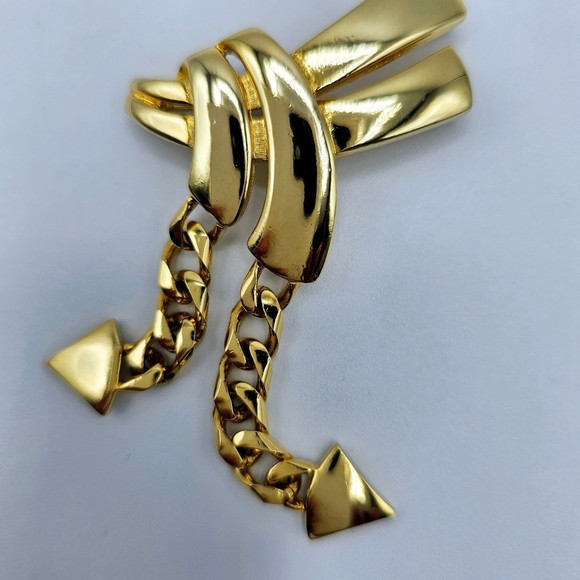 Art Deco Brooch Dangle Cuban Links Goldtone Vintage Statement Pin Large - Picture 3 of 7